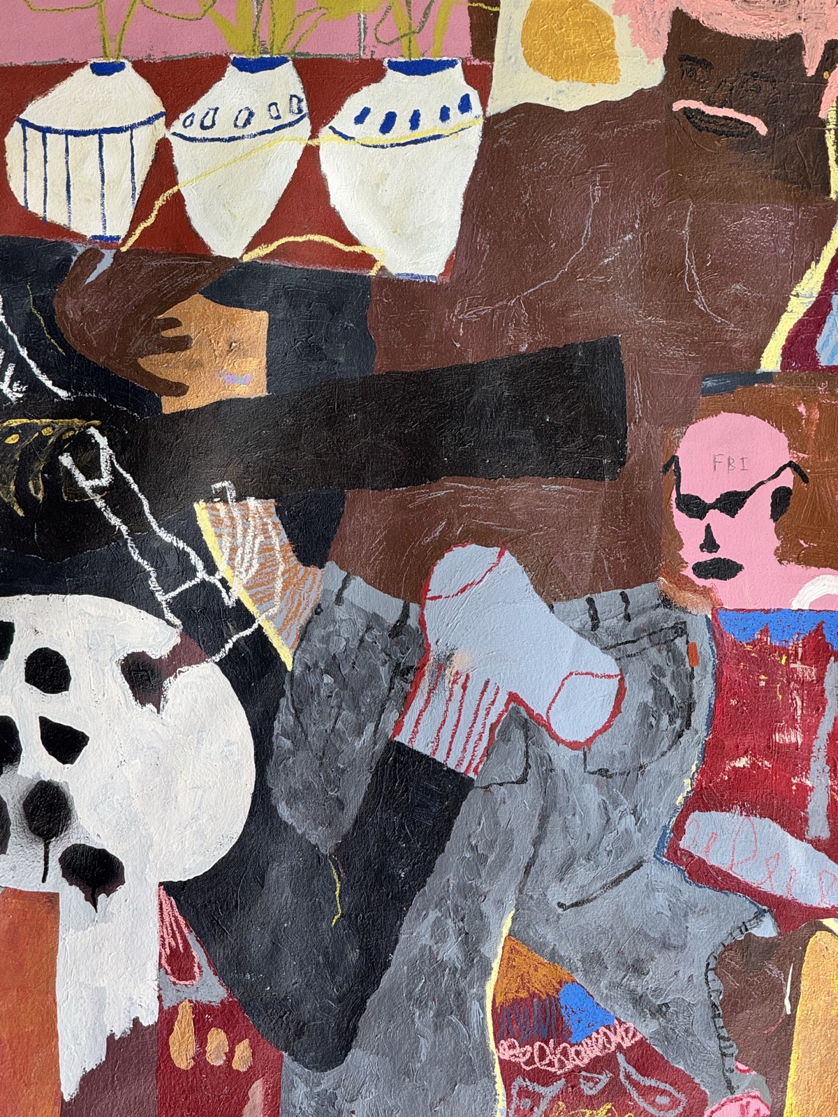 Bhare, "chasing shadows" — detail of a figure in grey and red against vases