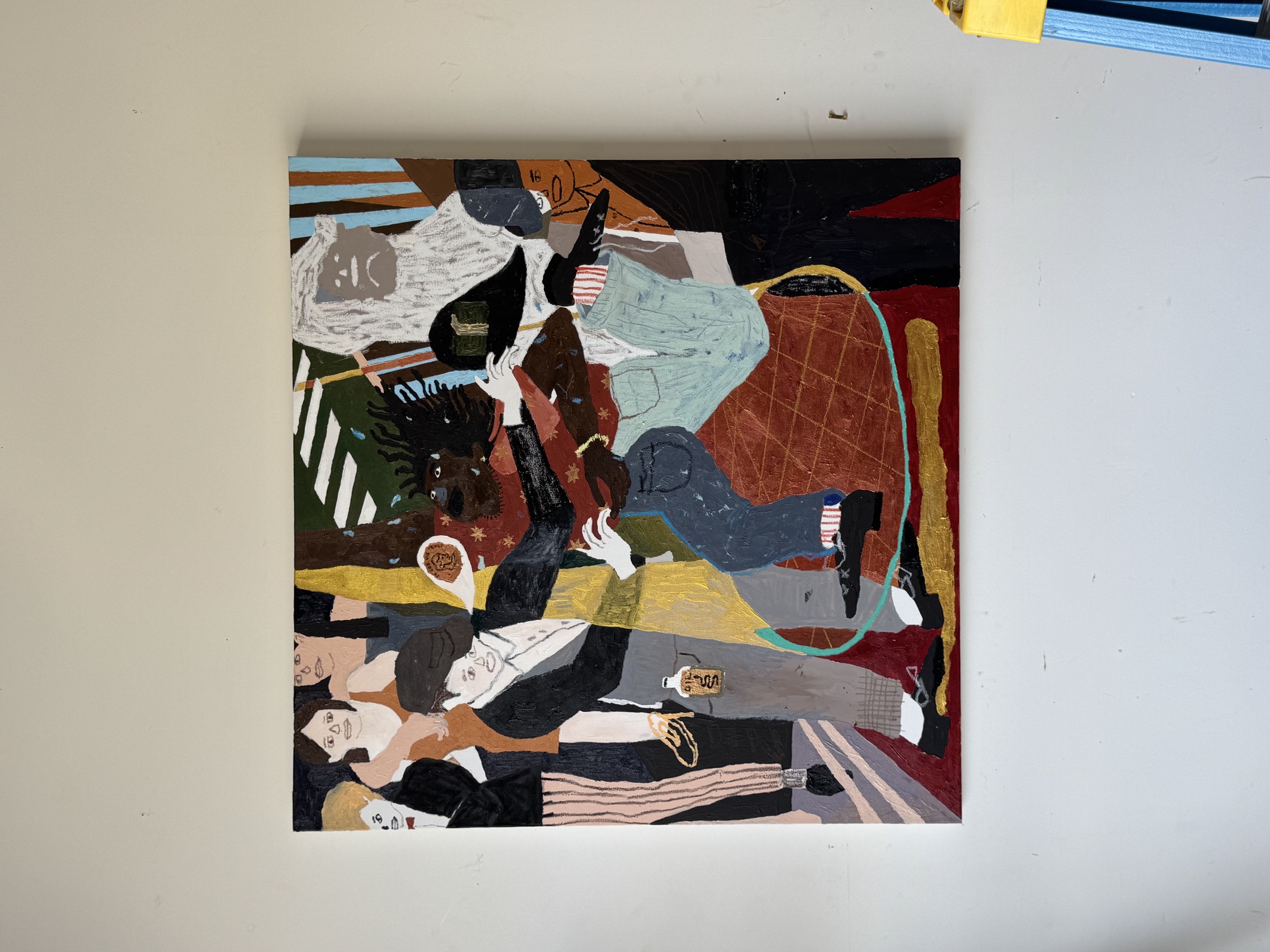Bhare, "people in my ear, telling me how to move" — a large square canvas on a studio wall, figures crowding a dancer