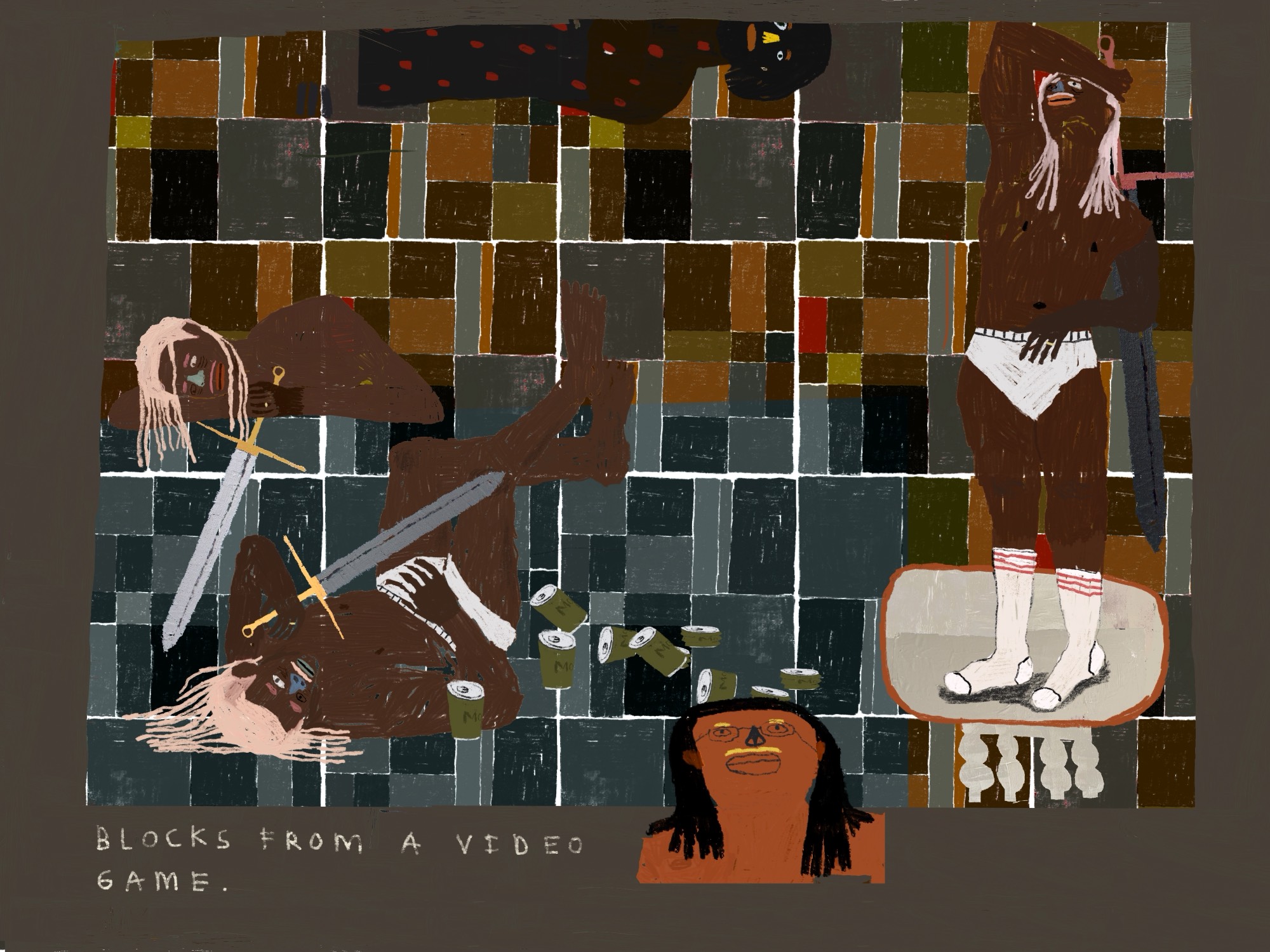 Bhare, "blocks in color" — figures on a tiled floor of coloured blocks, "blocks from a video game" lettered in the corner