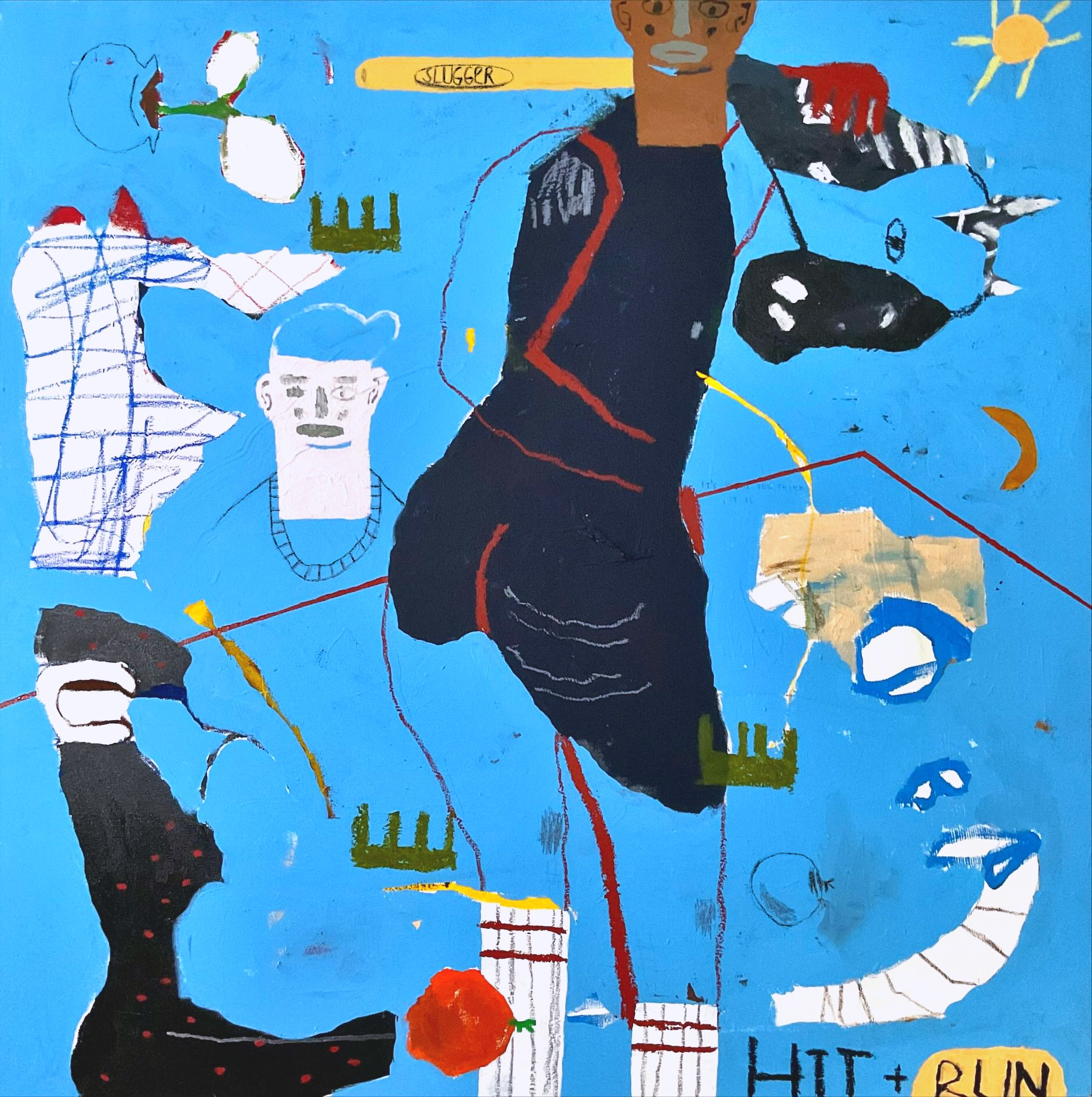 Bhare, "charge it to the game" — a batter in dark blue on a sky-blue field, "HIT + RUN" lettered below