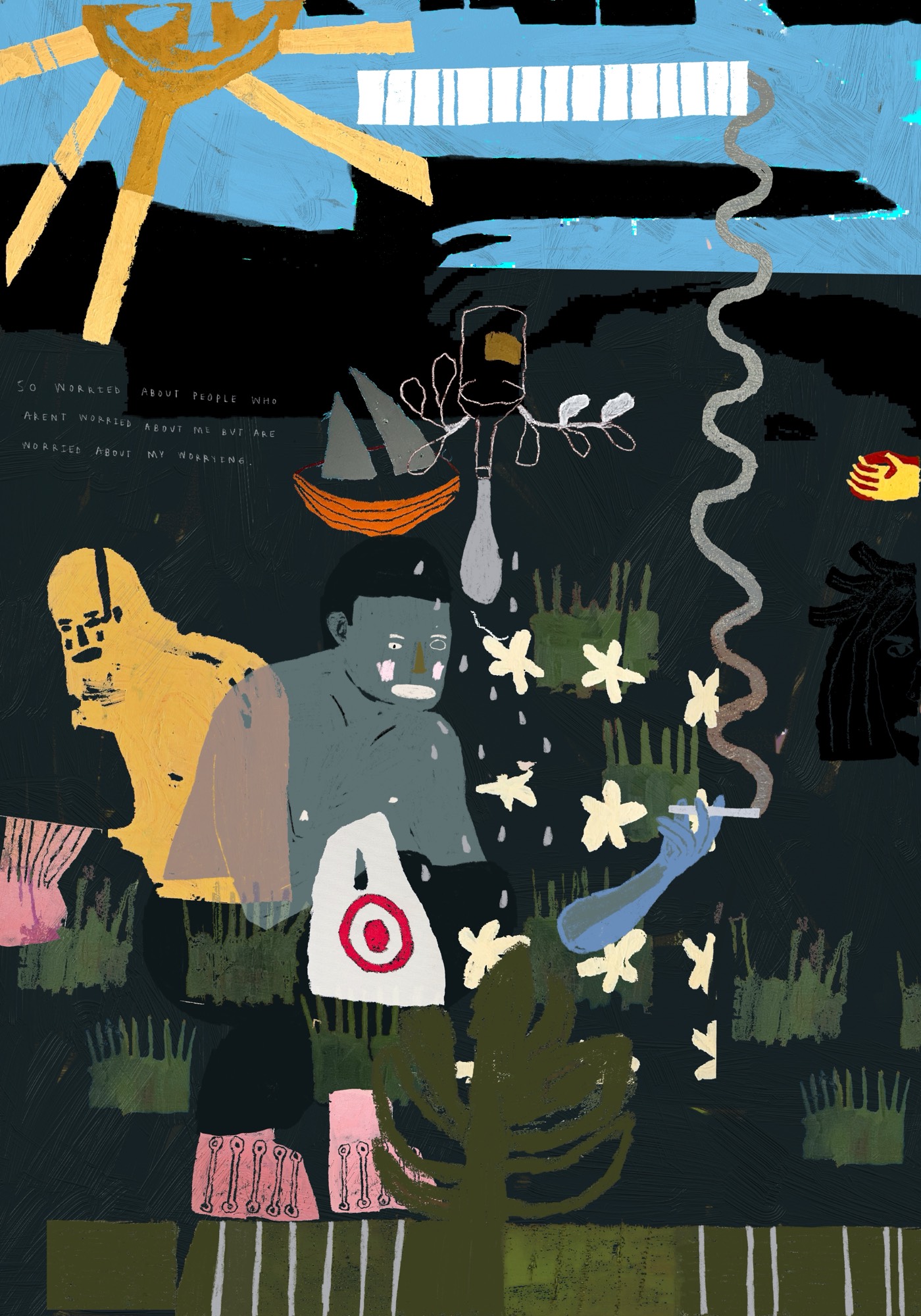 Bhare, "plagued by good news" — a grey figure among white flowers under a yellow sun, a red target on a white bag