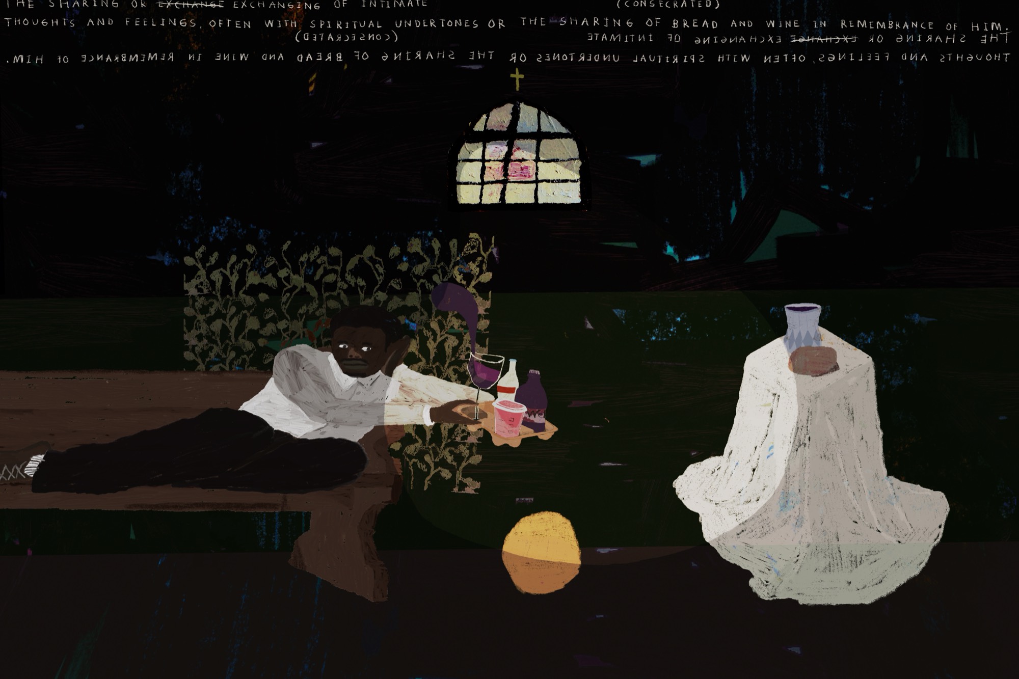 Bhare, "sunday's drink tray" — a night scene with a reclining figure, a lit window and a draped white form, from the homegrown organic import series