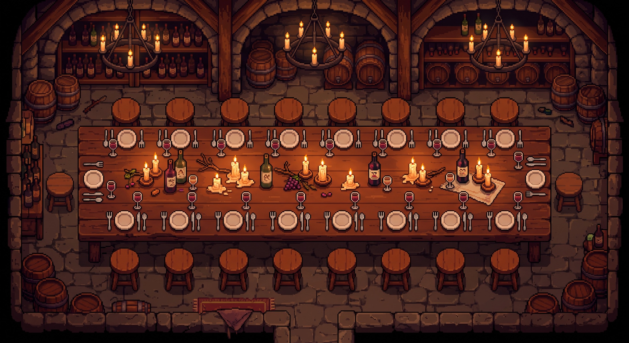 Pixel art view of an empty candlelit wine-cellar table